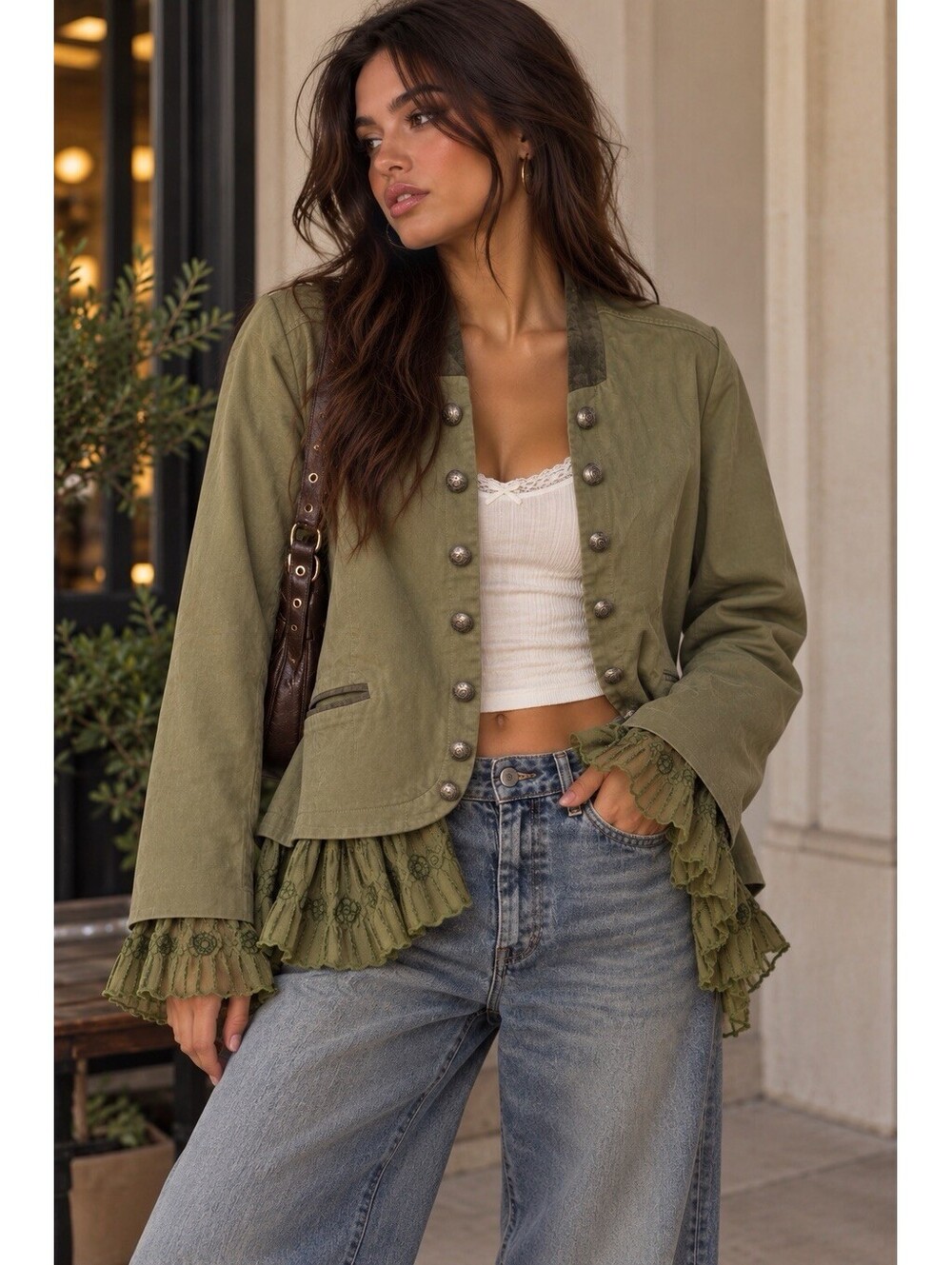 Sundance Caroline Ruffle Jacket Olive Green Embroidery Boho Size XXL Pirate 2XL